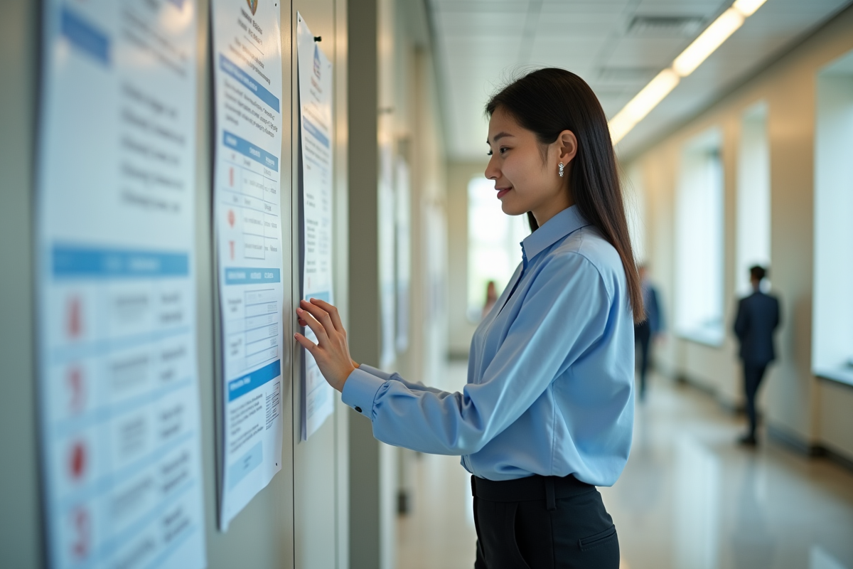Jeune femme consulte des affiches dans un couloir administratif