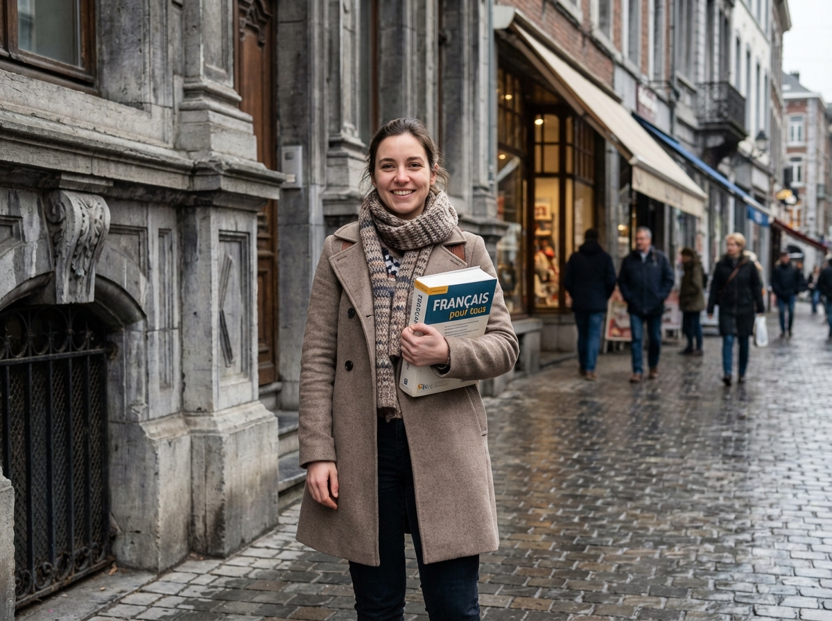 Jeune femme avec livre de langues devant un bâtiment à Liège