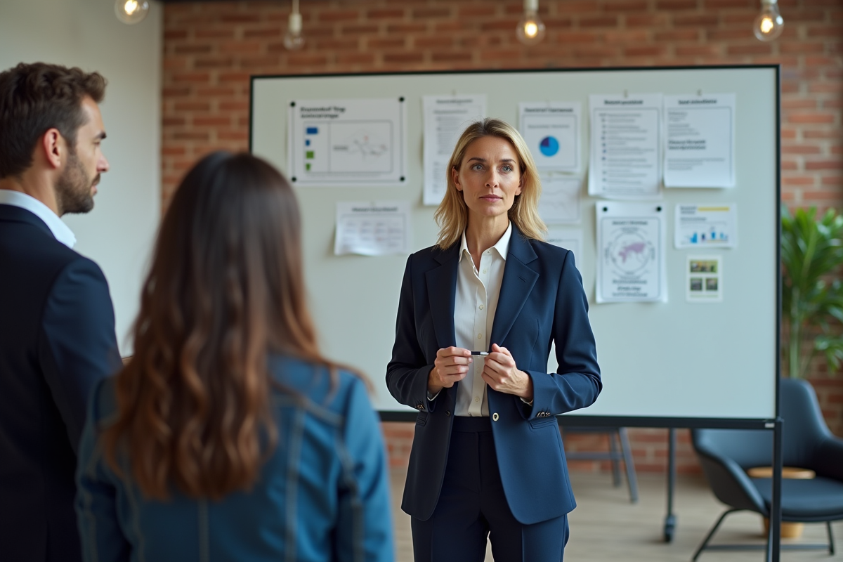 Femme manager expliquant sa stratégie devant un tableau blanc