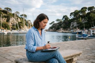 Jeune femme regardant une tablette face a la mer Mediterranee