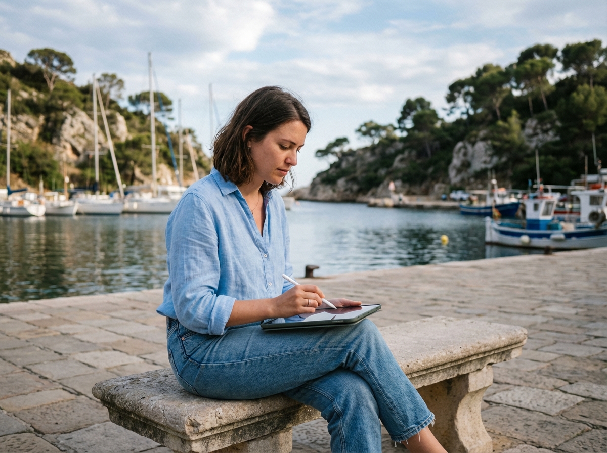 Jeune femme regardant une tablette face a la mer Mediterranee