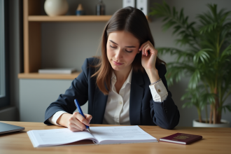 Jeune femme française remplit des papiers dans un bureau moderne