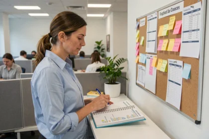 Femme cadre en PME consultant un planning d'équipe mural et un agenda papier structuré dans un bureau moderne