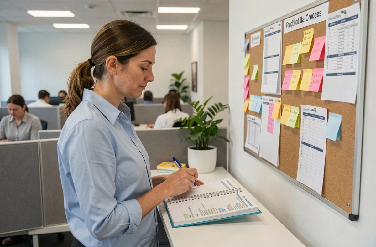 Femme cadre en PME consultant un planning d'équipe mural et un agenda papier structuré dans un bureau moderne