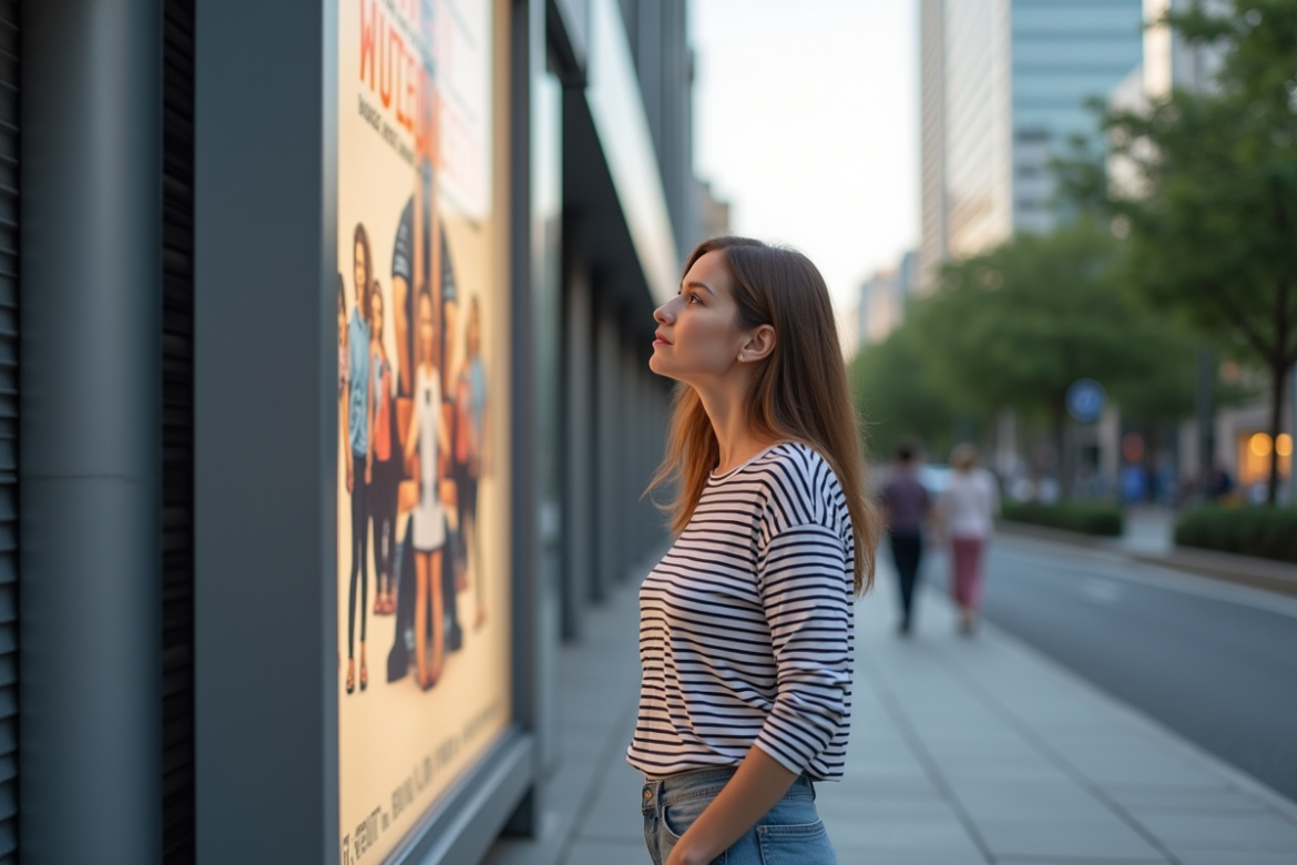 Femme regardant un panneau publicitaire en ville