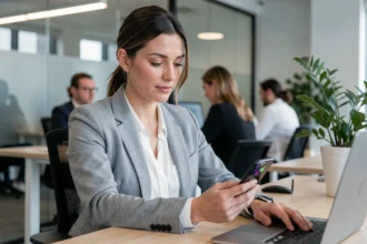 Femme professionnelle consultant son compte ADP sur mobile dans un bureau moderne