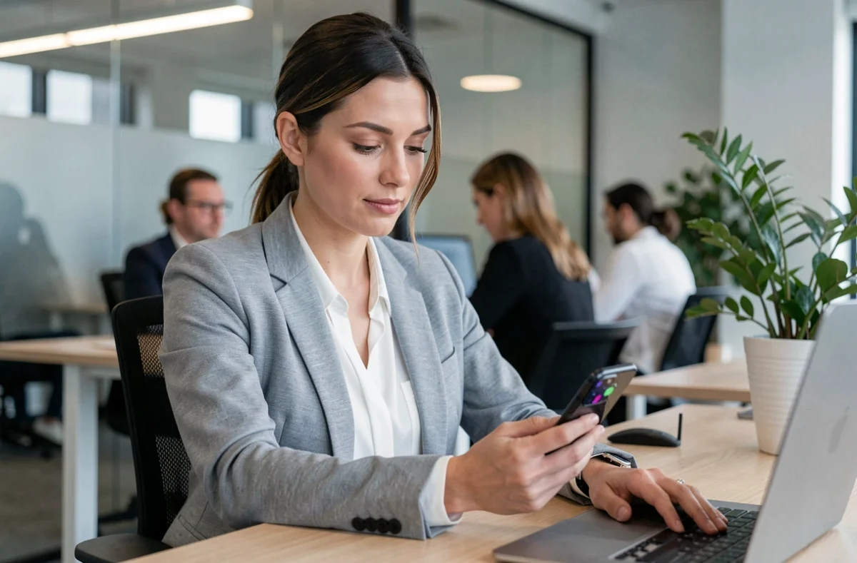 Femme professionnelle consultant son compte ADP sur mobile dans un bureau moderne