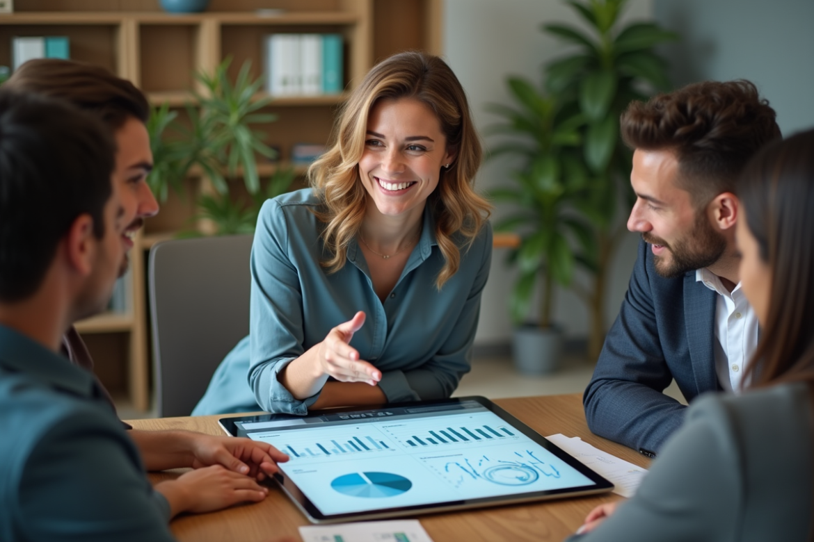 Jeune femme professionnelle souriante avec tablette en réunion
