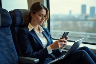 Femme d'affaires dans le train utilisant son smartphone