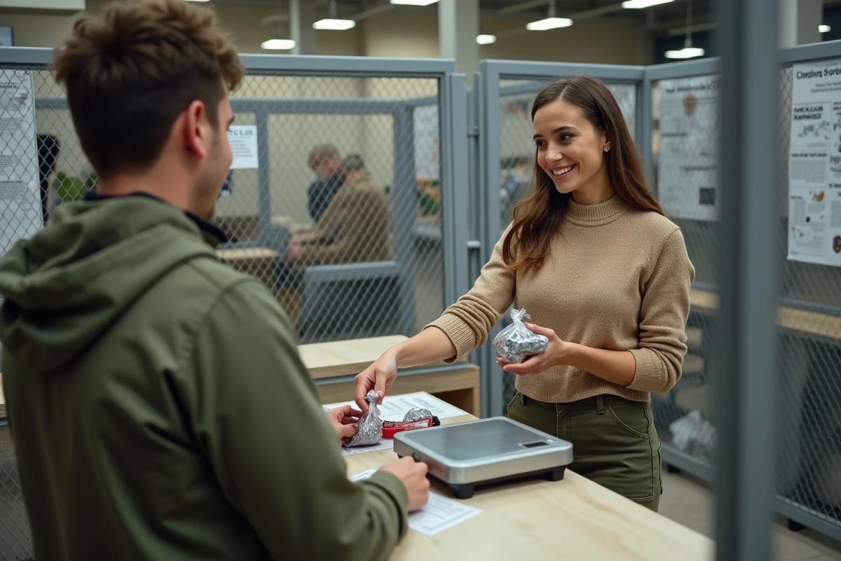 Jeune femme souriante remettant un sac de métal à un employé