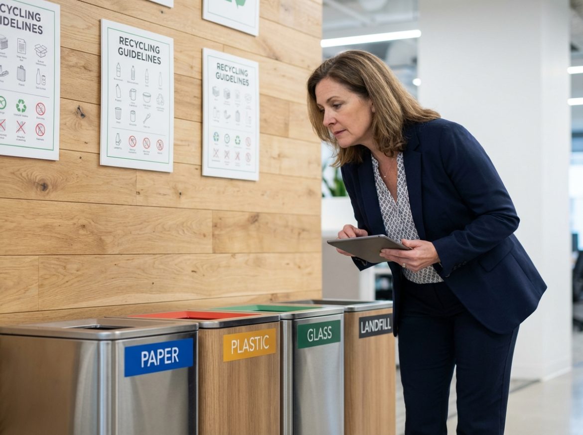Femme d affaires examinant des bacs de recyclage en bureau