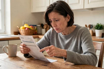 Femme examinant un relevé bancaire avec un prélèvement SGC Calais incompris dans une cuisine ordinaire