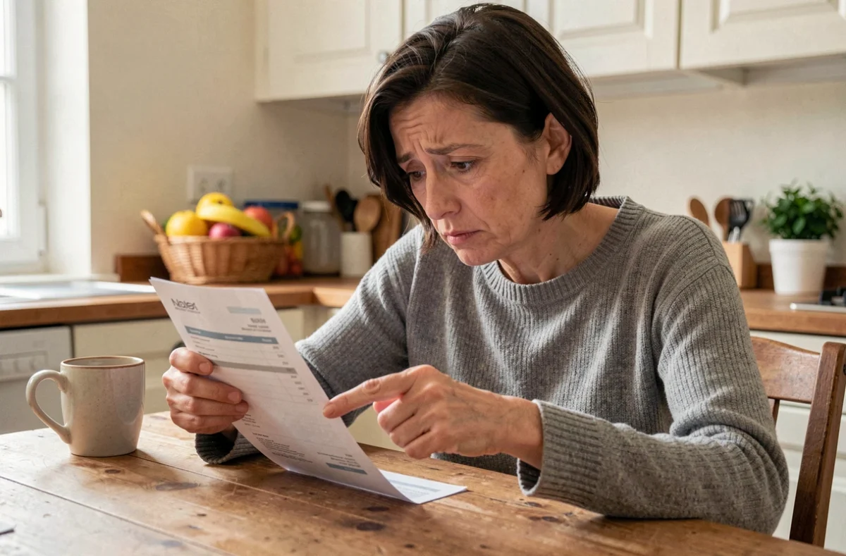 Femme examinant un relevé bancaire avec un prélèvement SGC Calais incompris dans une cuisine ordinaire