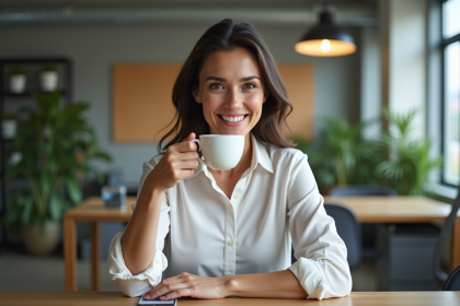 Femme détendue buvant du thé dans un bureau moderne