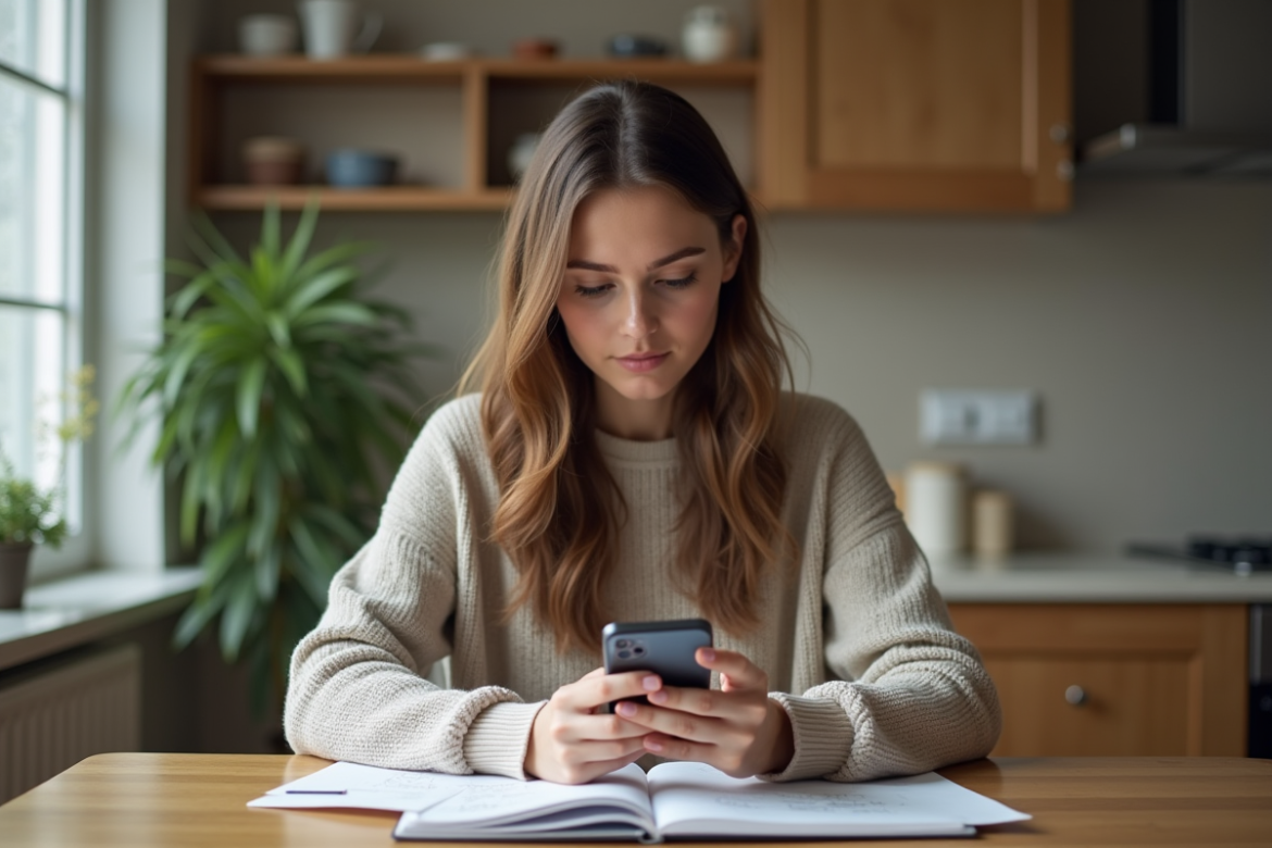 Jeune femme utilisant son smartphone dans la cuisine