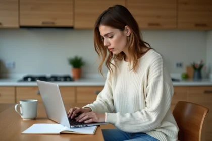 Femme assise à la maison travaillant sur son ordinateur portable
