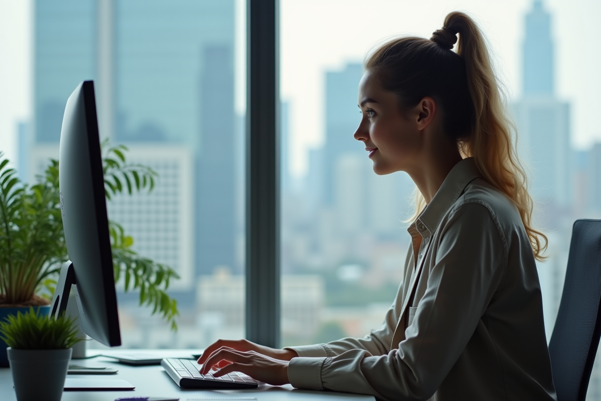 Jeune femme confiante tapant sur un ordinateur au travail