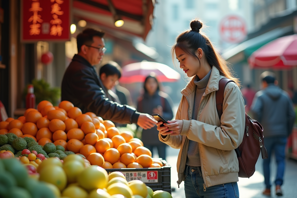 Jeune femme chinoise échangeant un téléphone au marché