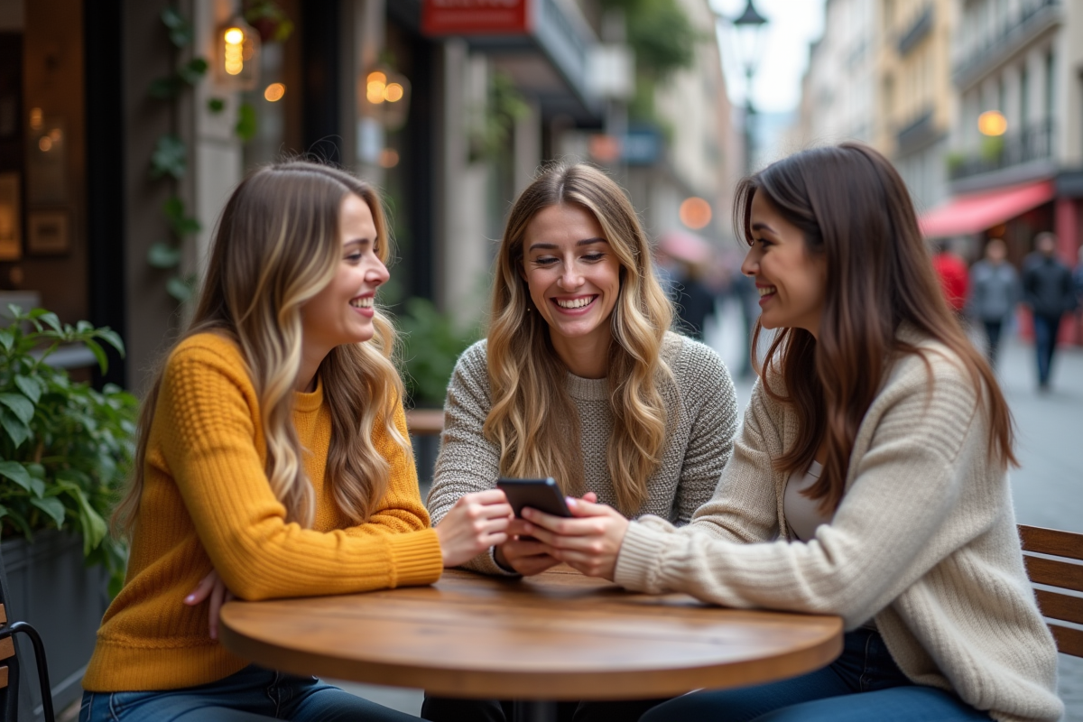 Groupe de femmes discutant et envoyant un message au café
