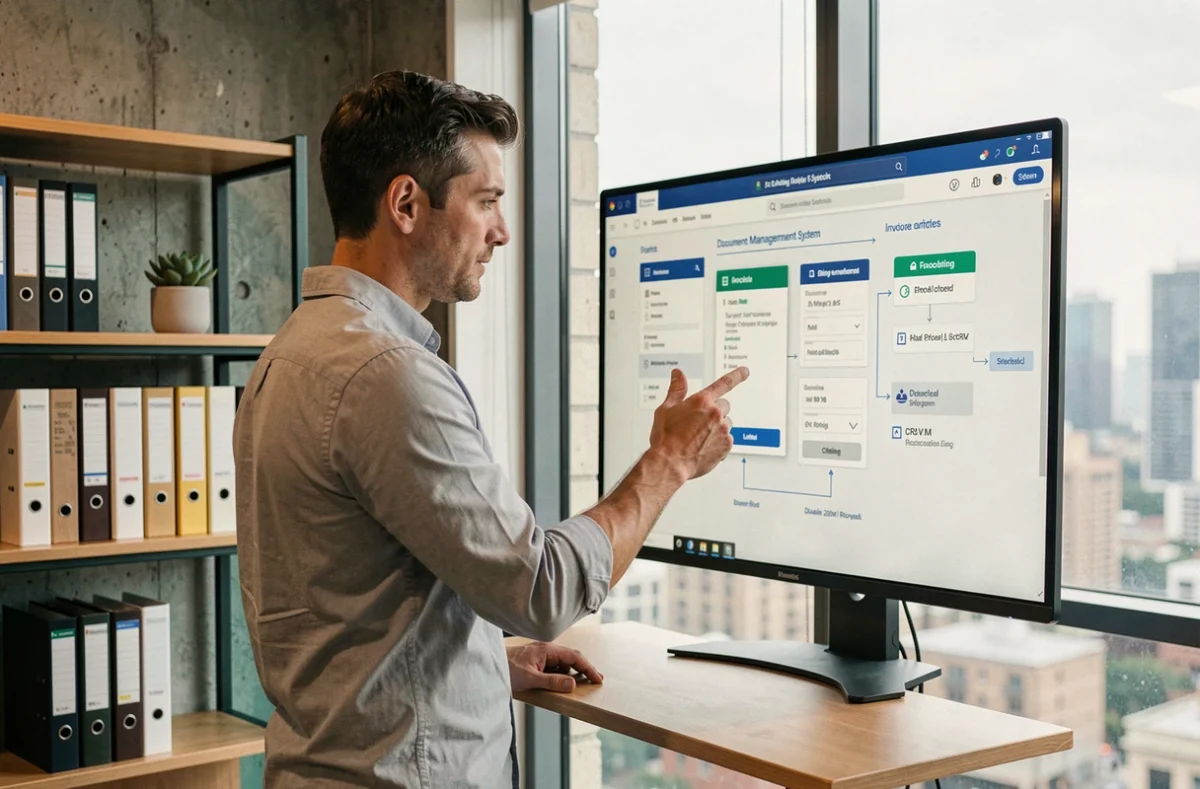 Homme en startup interagissant avec un flux digital intégré reliant comptabilité, GED et CRM sur grand écran tactile