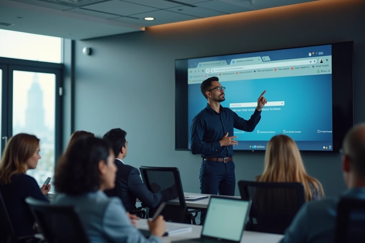 Homme en formation utilisant un grand écran interactif dans une salle moderne