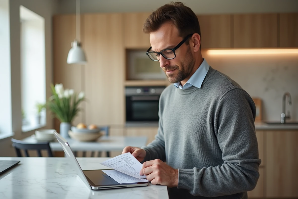 Homme consultant un formulaire administratif en ligne sur une tablette dans une cuisine moderne