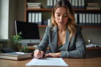 Femme professionnelle révisant un formulaire de rupture de contrat d'apprentissage à son bureau