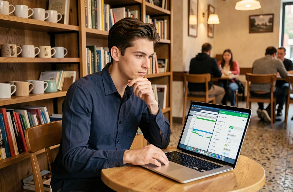 Jeune professionnel évaluant un logiciel de gestion de projet dans un café en comparant Opraz et Excel sur son ordinateur portable