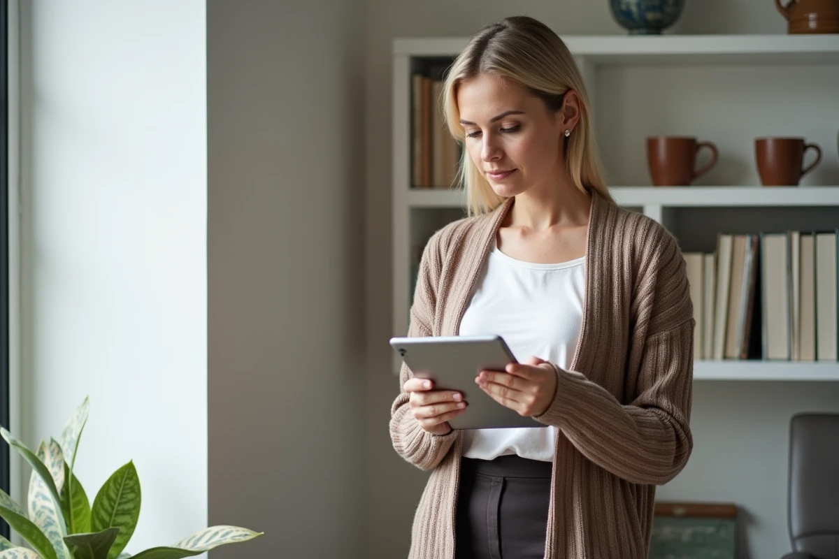 Femme freelance debout consultant une offre de mission administrative sur tablette dans un bureau moderne à domicile