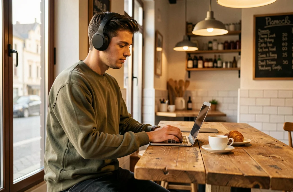 Jeune freelance travaillant en mode café dans un espace de coworking chaleureux au centre d'Annecy