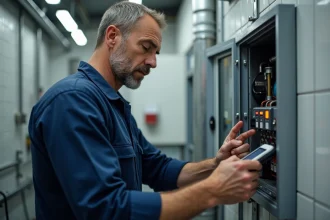 Technicien réparant une chaudière dans un bureau professionnel