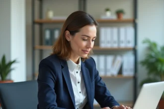 Professionnelle gérant ses démarches administratives en ligne sur l'espace affilié Sécuritest depuis son bureau