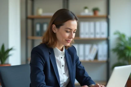 Professionnelle gérant ses démarches administratives en ligne sur l'espace affilié Sécuritest depuis son bureau