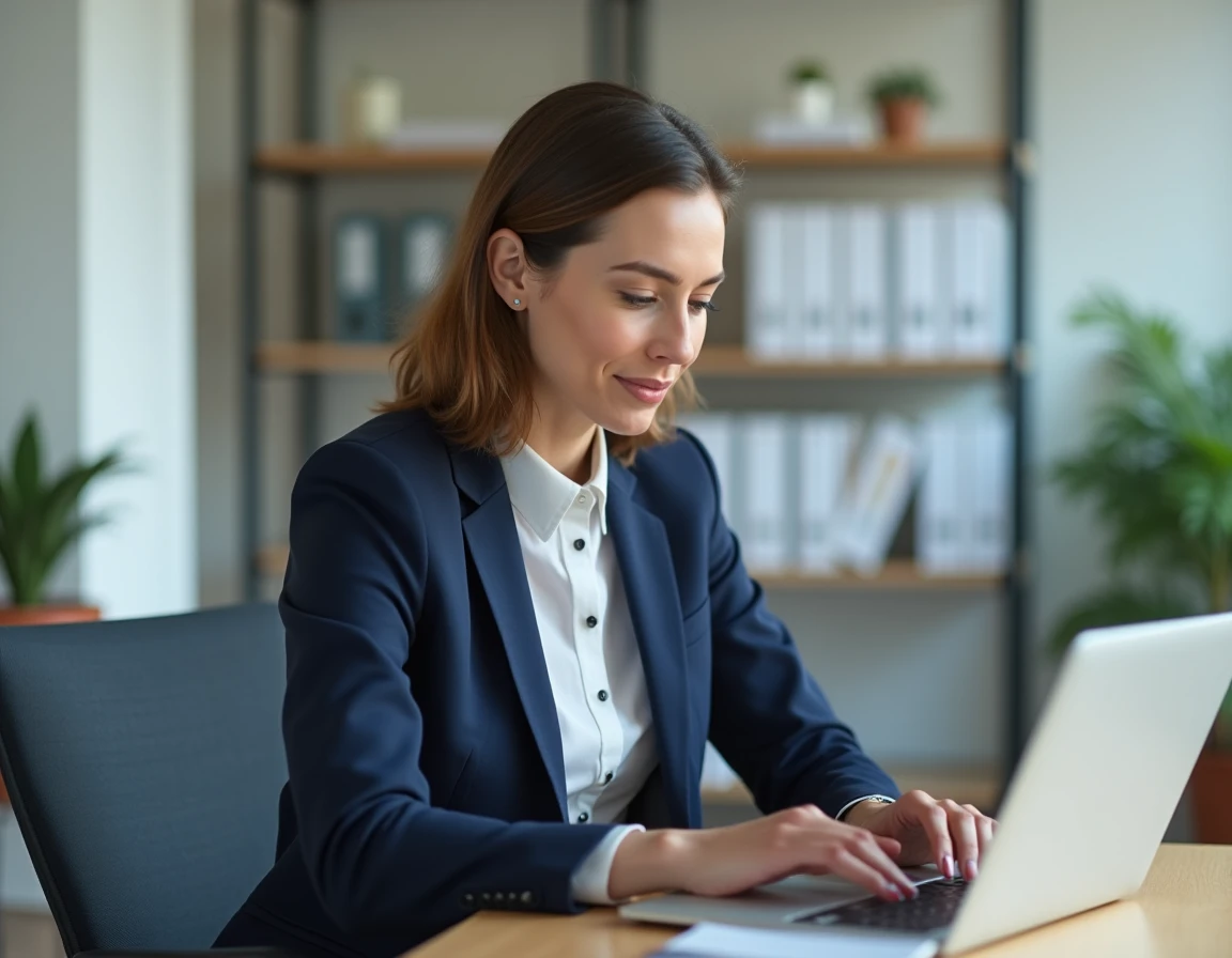 Professionnelle gérant ses démarches administratives en ligne sur l'espace affilié Sécuritest depuis son bureau