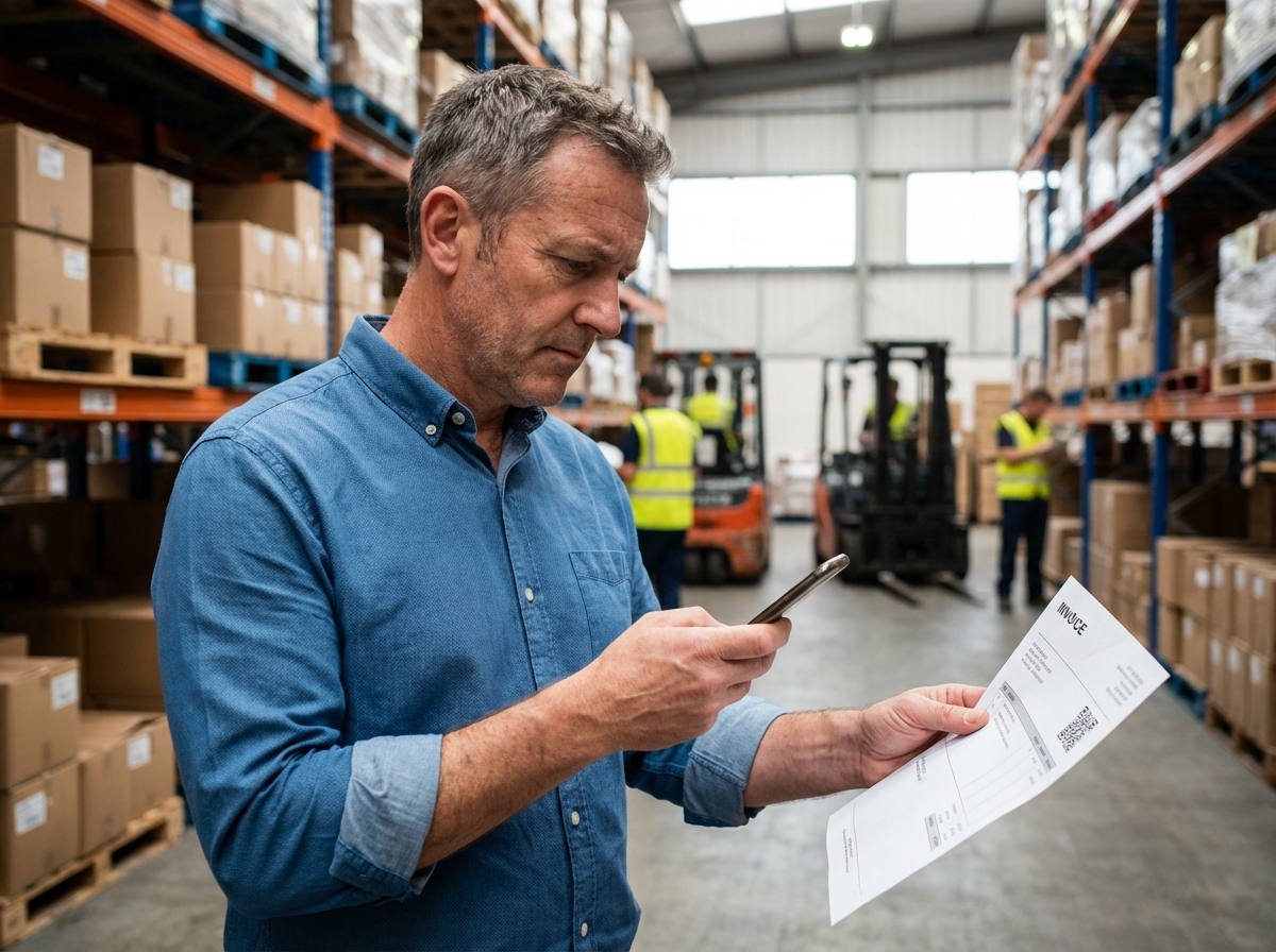 Un gestionnaire scanne une facture avec un QR code dans un entrepôt