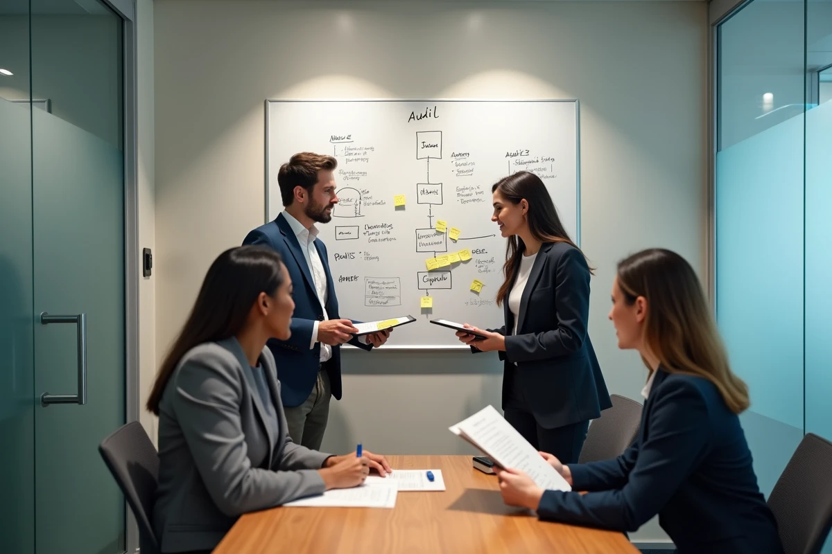 Groupe de jeunes professionnels en alternance travaillant ensemble sur un cas d'audit dans une salle de réunion d'un Big 4