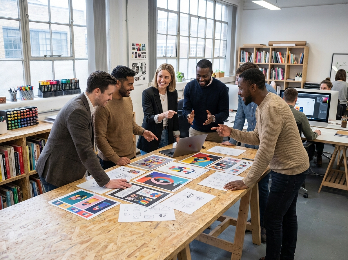 Groupe de professionnels collaborant sur des maquettes graphiques