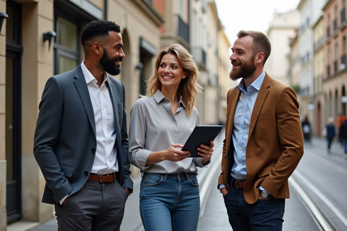 Groupe d entrepreneurs discutant devant un espace de coworking