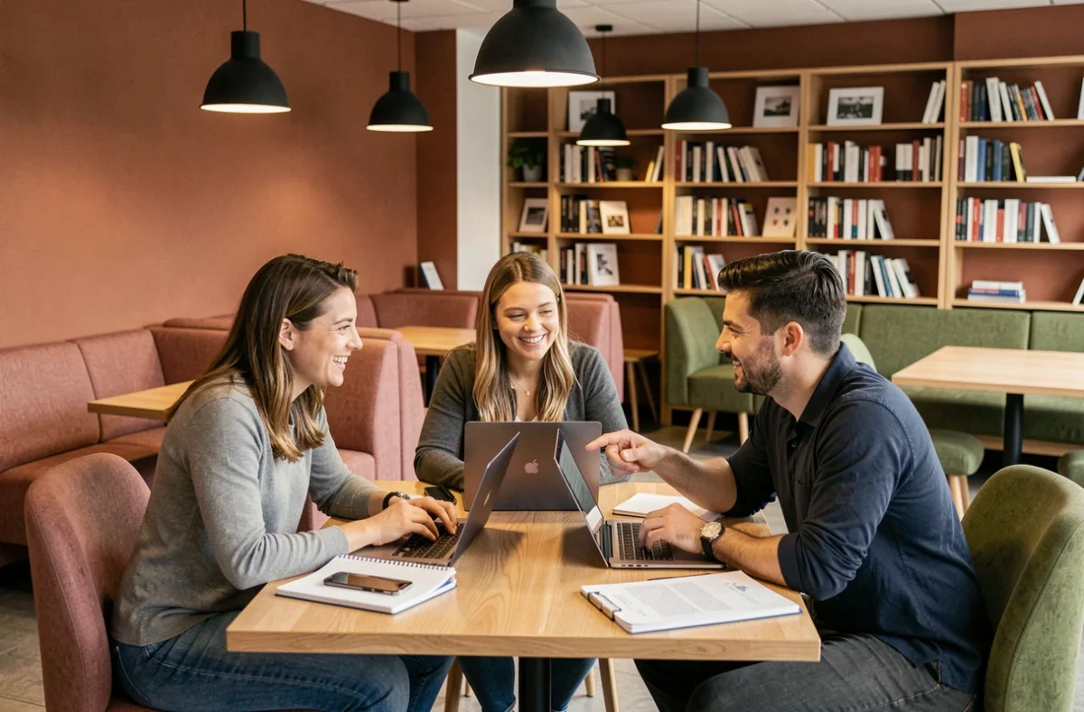 Groupe de trois professionnels indépendants collaborant autour d'une table dans un espace de coworking convivial avec mobilier design et mur terracotta
