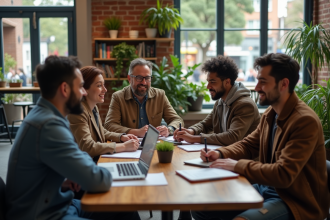 Jeunes adultes discutant dans un café moderne