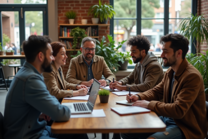 Jeunes adultes discutant dans un café moderne