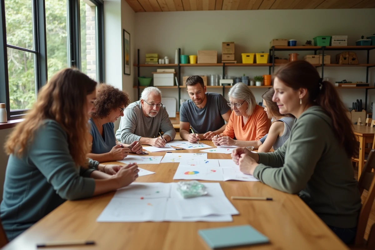 Groupe diversifié de personnes collaborant dans un centre communautaire lumineux