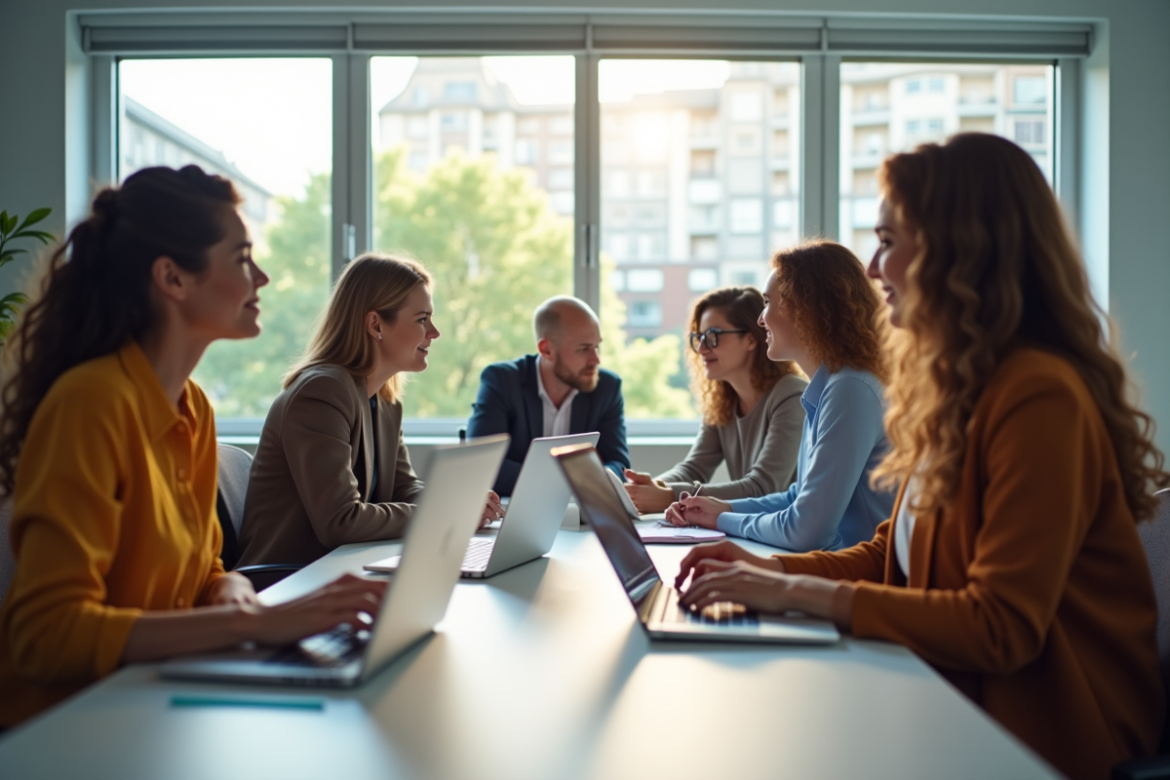 Groupe de jeunes professionnels collaborant au bureau