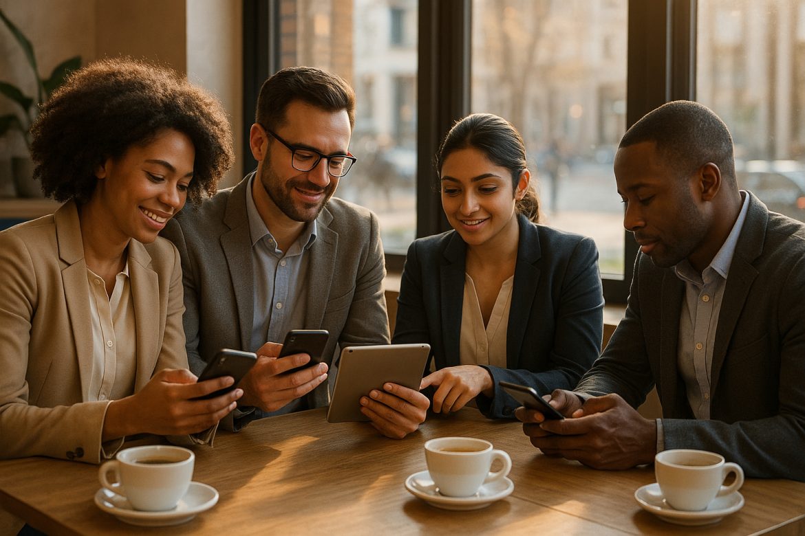 Groupe de professionnels dans un café moderne utilisant leurs smartphones