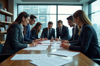 Groupe de professionnels autour d'une table en réunion