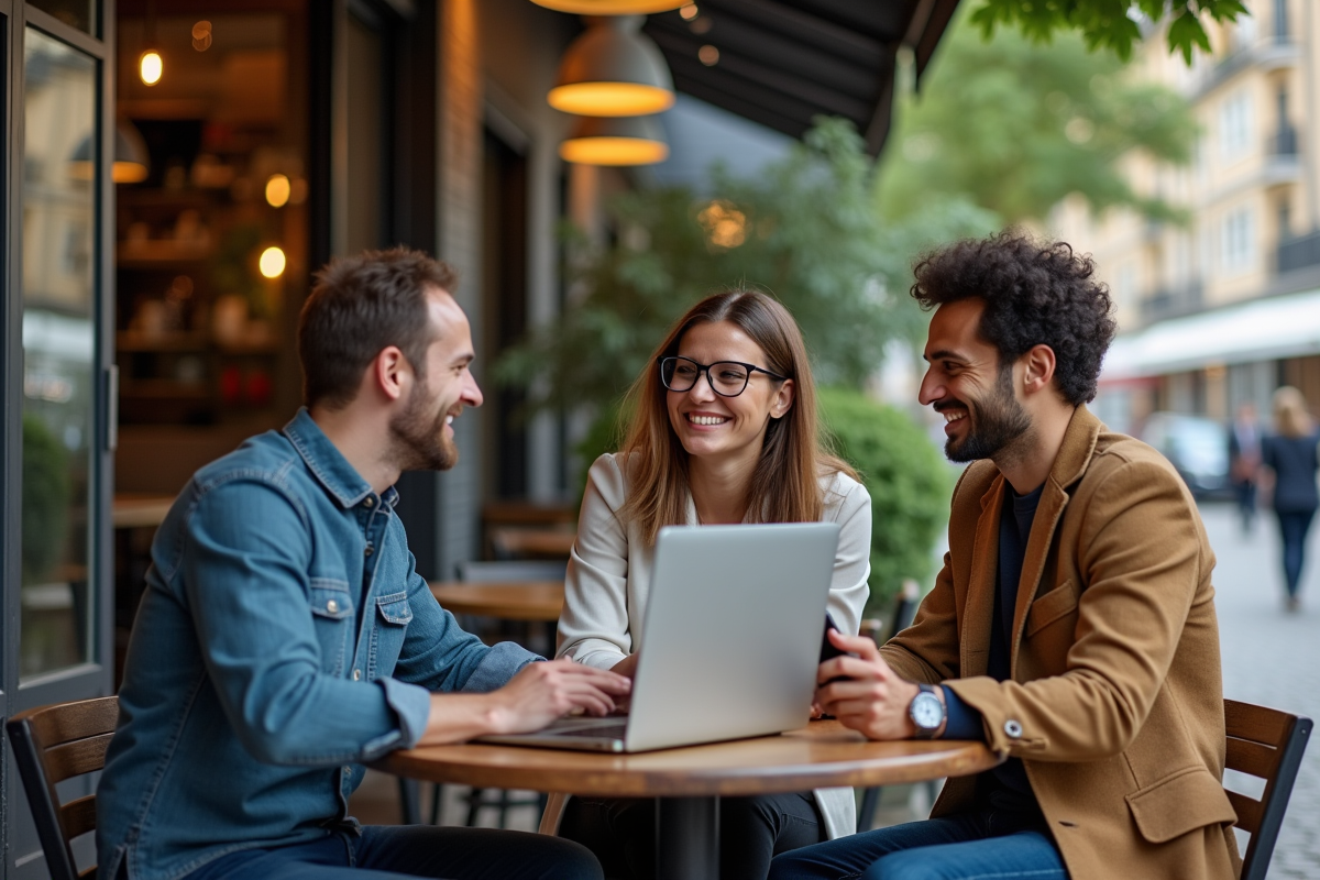 Groupe de trois professionnels discutant en terrasse de café