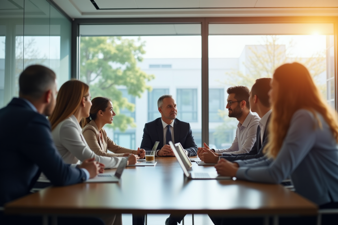 Groupe de professionnels en réunion dans une salle lumineuse
