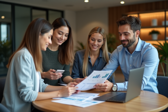 Groupe de professionnels discutant de marketing en réunion