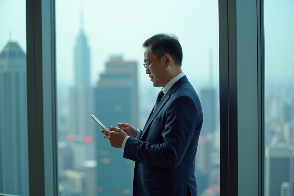Homme d'affaires chinois en costume dans un bureau moderne