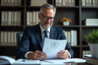 Homme d'affaires en costume examinant des documents officiels